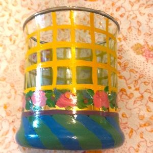Vintage McKenzie Childs hand painted rose pattern water glass /vase XLNT cond.